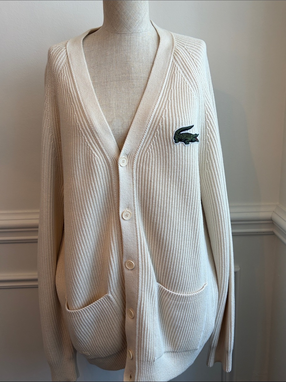 Lacoste Cream Ribbed Button-Up Cardigan with Crocodile Patch